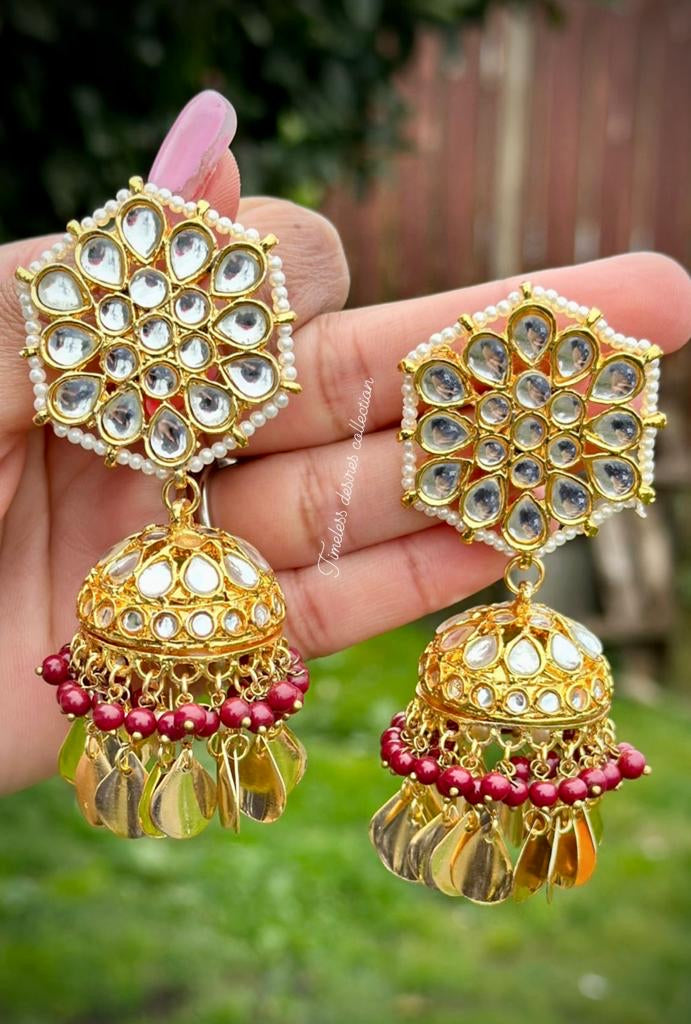 Maroon Jhumka earrings in Kundan with Pipal Patti