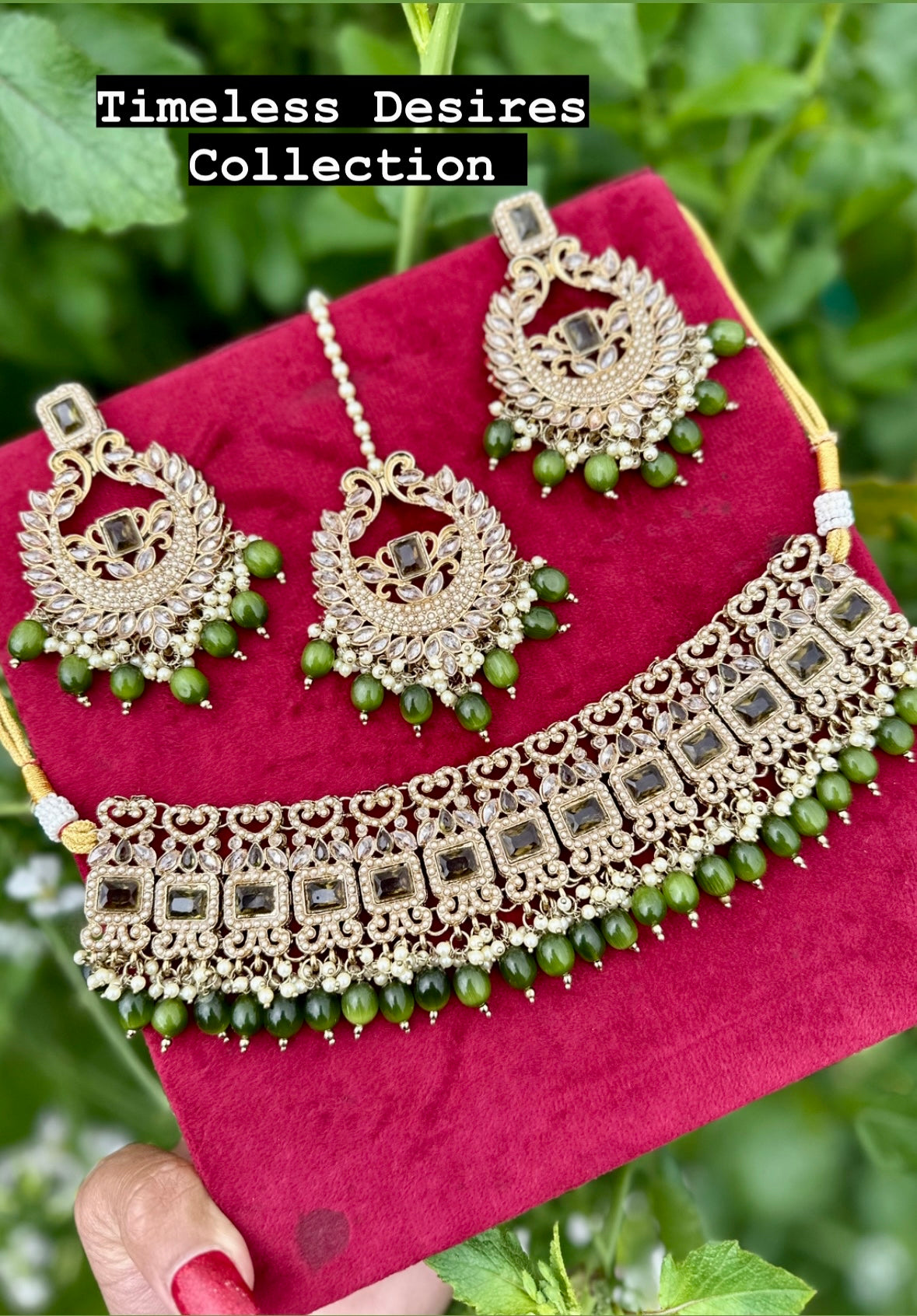 Mehndi Green choker / necklace set in reverse AD