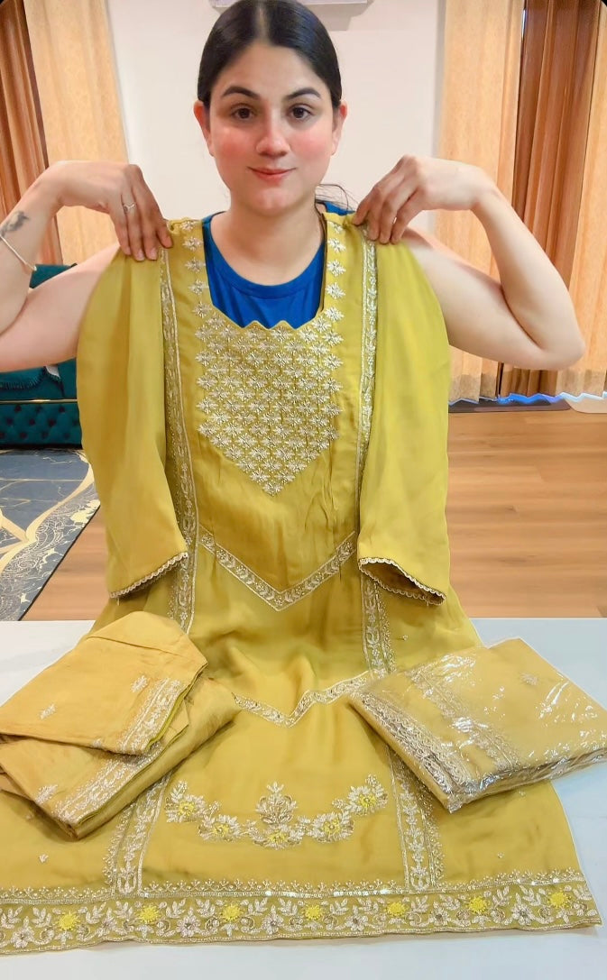 Partywear hand + tilla work suit (Colour: neon), Code: 210