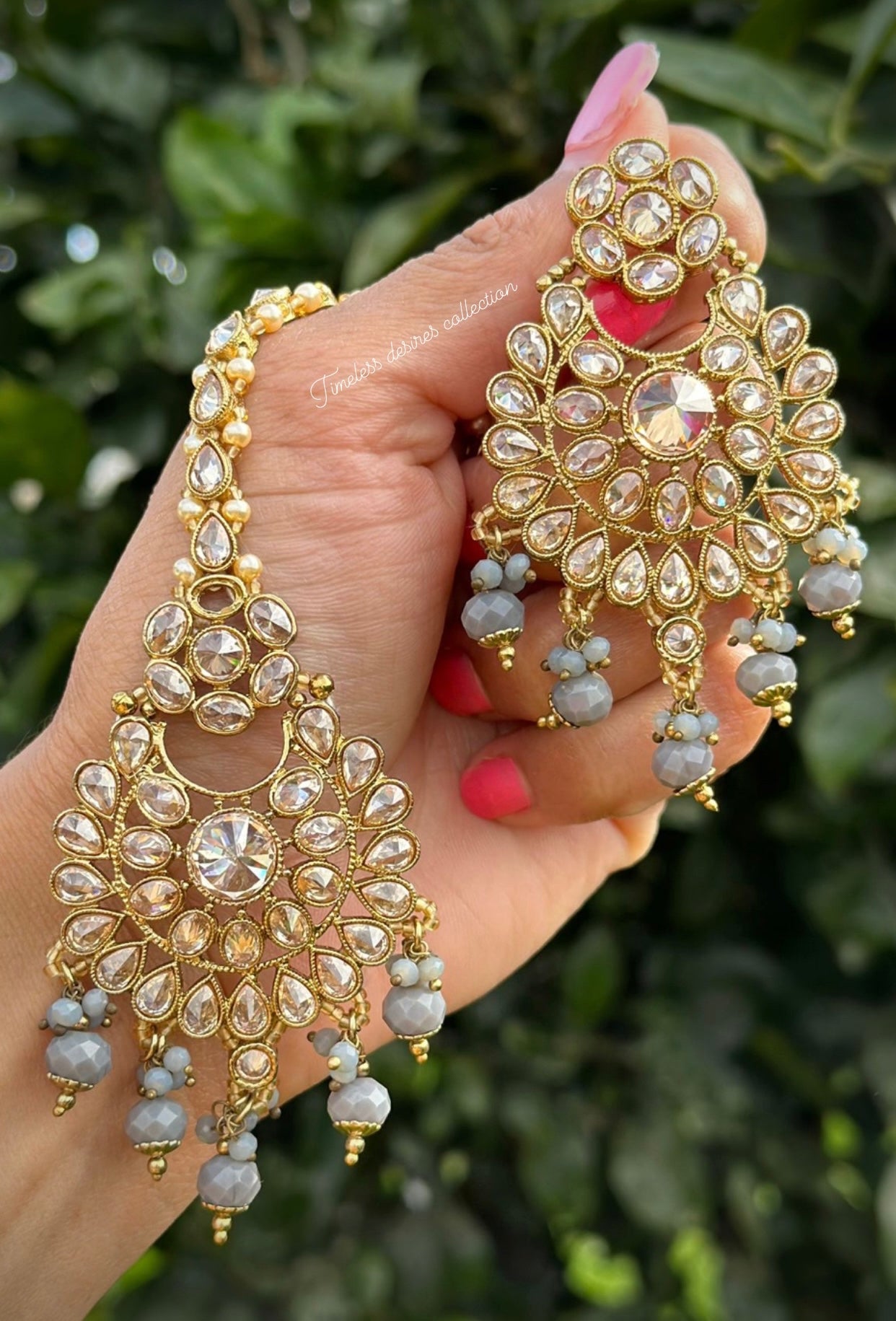 Grey earnings and tikka set in reverse AD ( high quality of Polki )