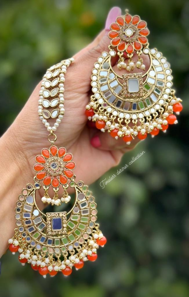 Orange Earrings and Tikka set in mirror
