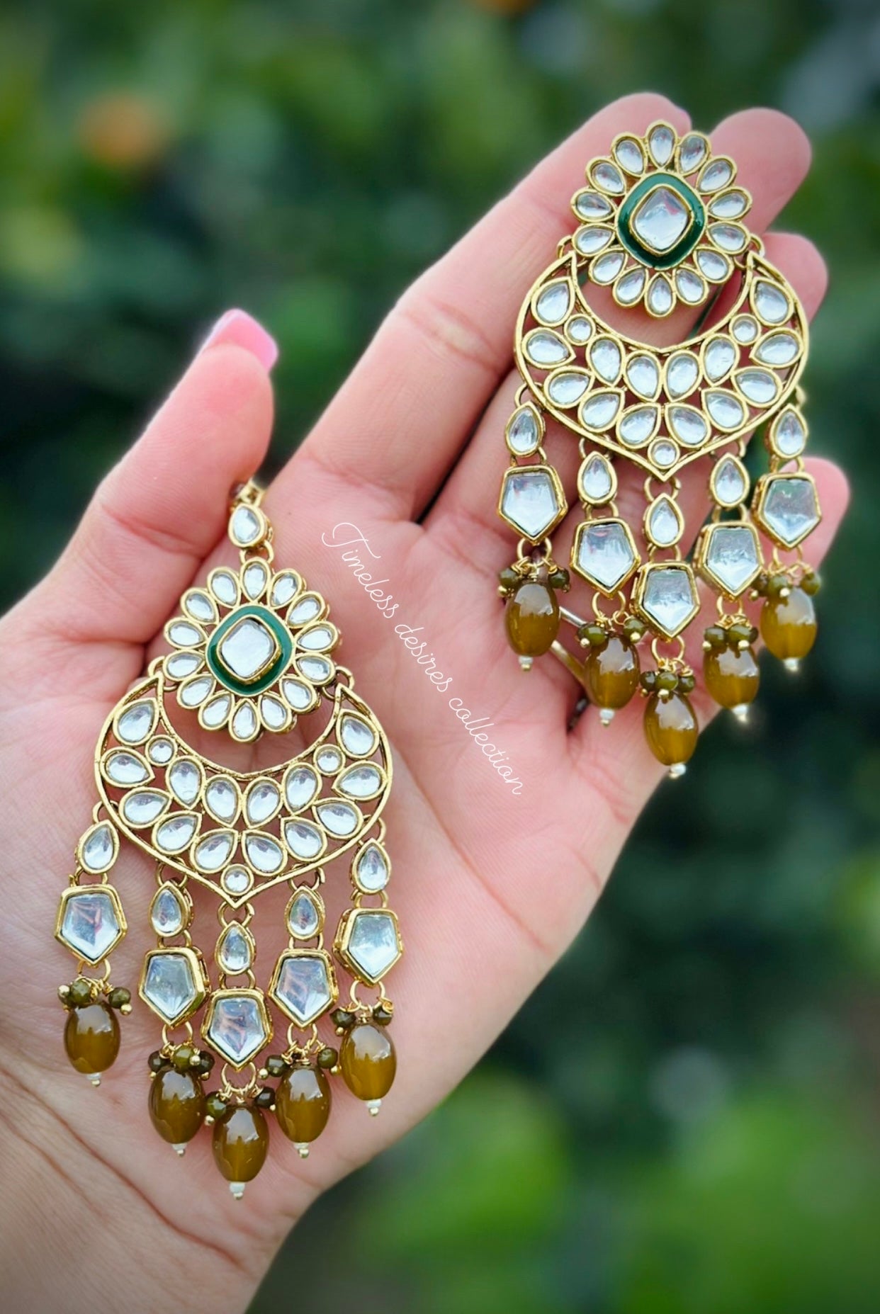 Mehndi green earrings and tikka set in Kundan
