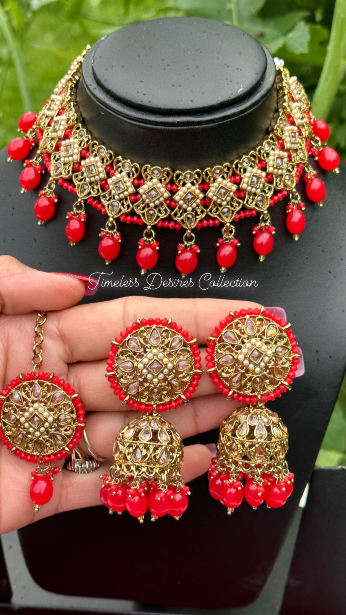 Red choker / necklace set with Jhumki in polki 👌