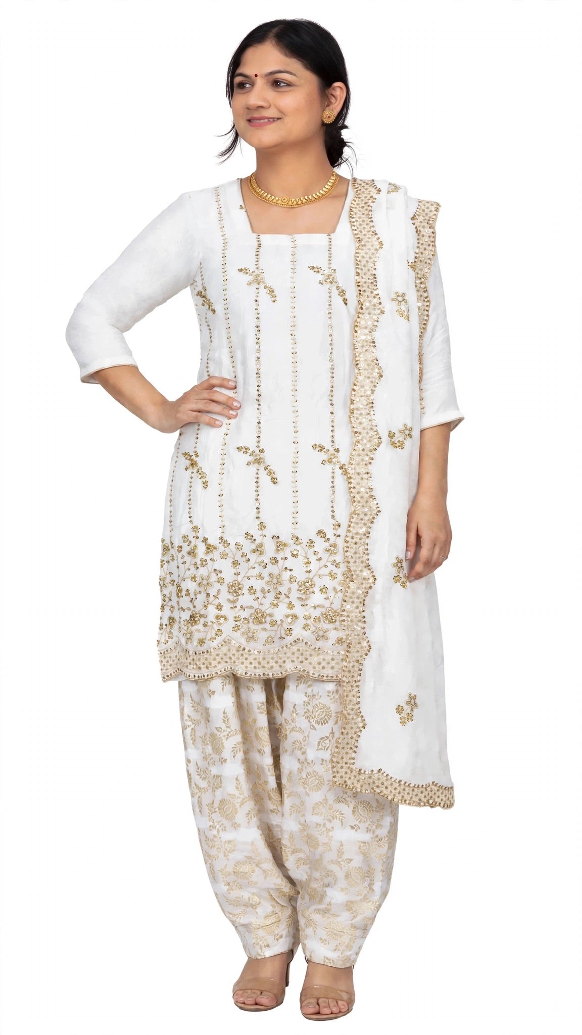 White suit on embroidered crape shirt with Banarsi salwar paired up with heavy embroidered chinon Duppata - Code 072 (Copy)