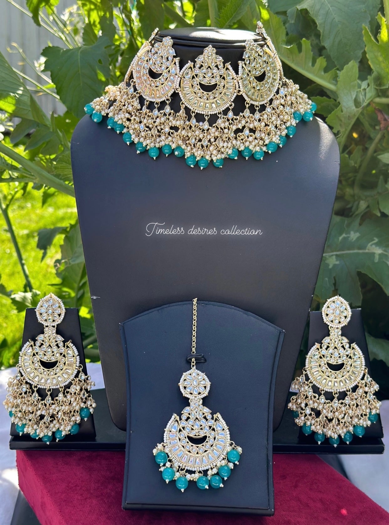 Sky blue or light blue pearl loaded choker / necklace set in Kundan