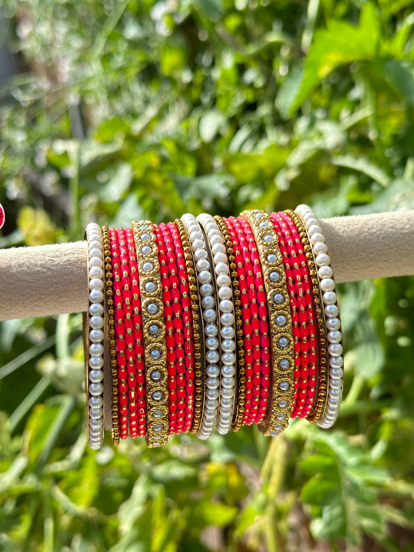 Carrot Red Pearl loaded bangles set ( both hands )