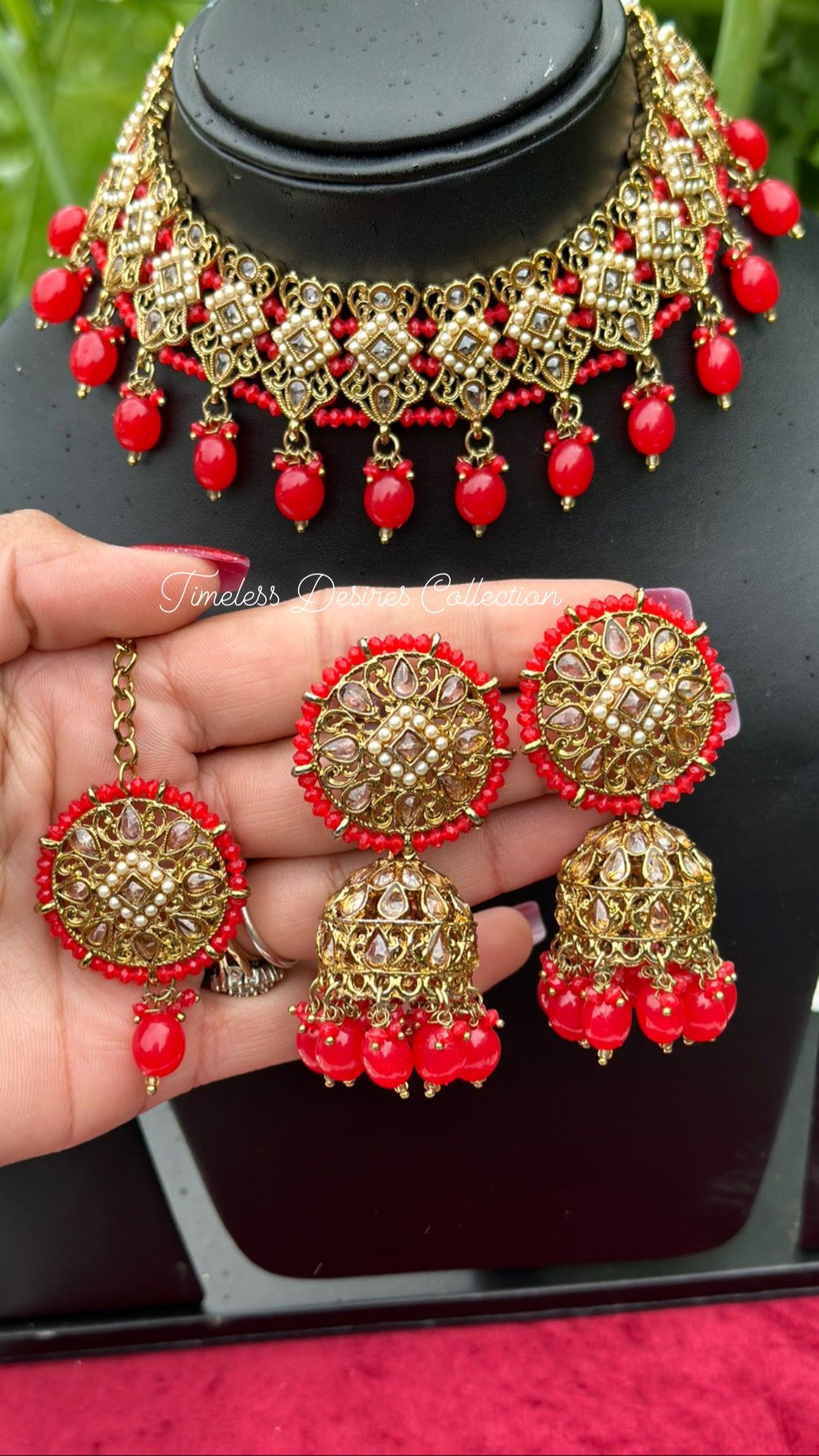 Red choker / necklace set with Jhumki in polki 👌