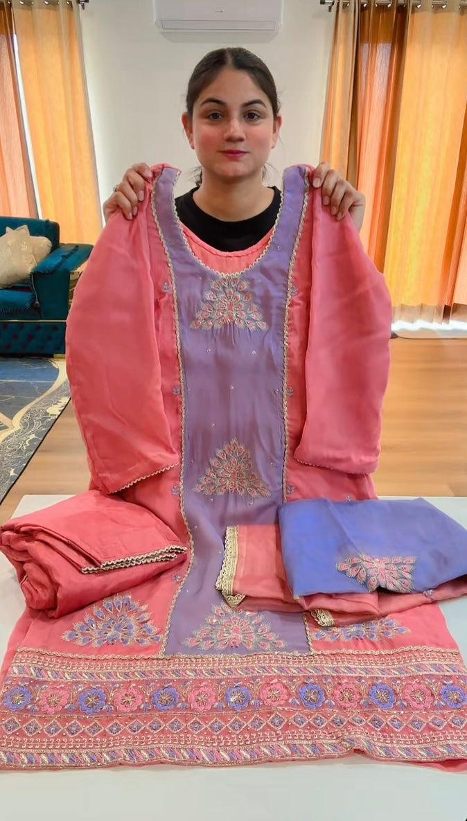 Partywear hand + tilla work suit (Colour: peach + powder blue), Code: 246