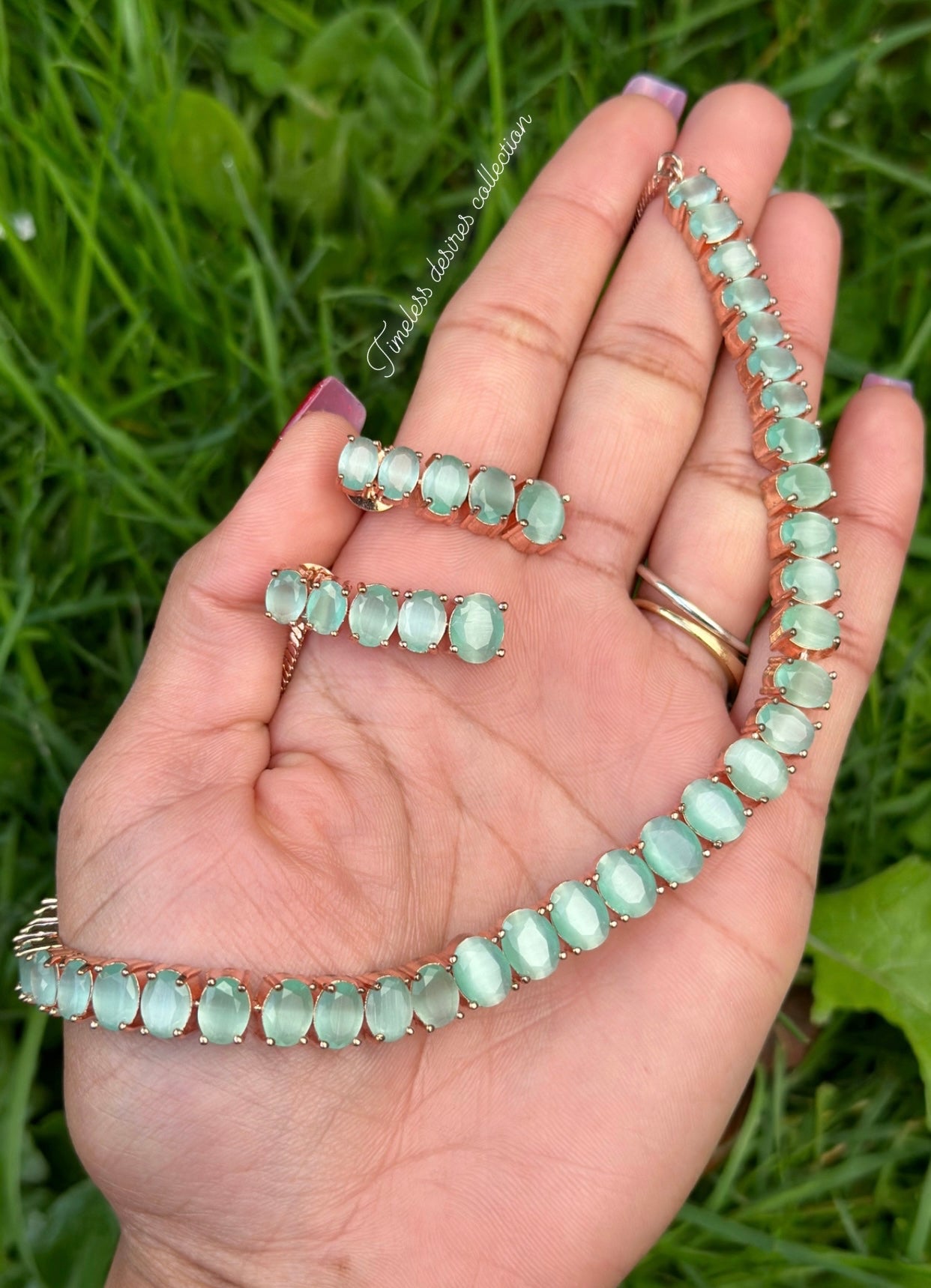 Mint green American diamond necklace set in rose golden