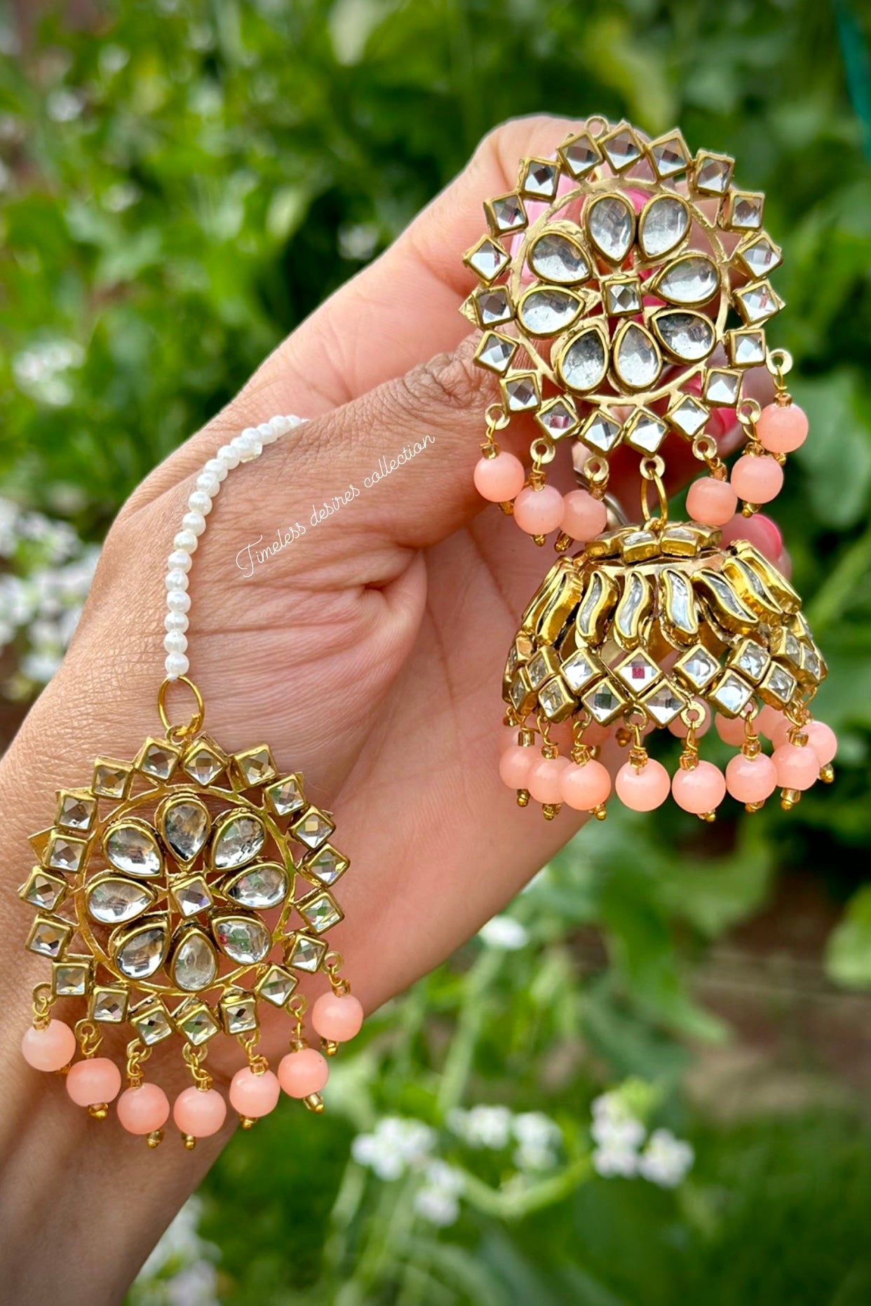 Peach Jhumka earrings with Tikka in Kundan