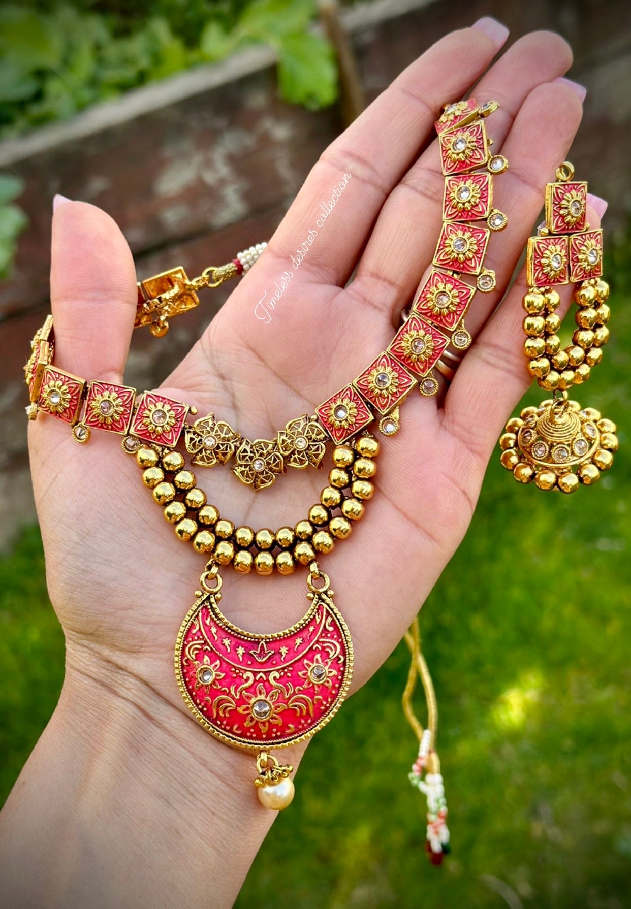 Red Gold plated necklace set in Meenakari with Bell sound earrings in Antique look