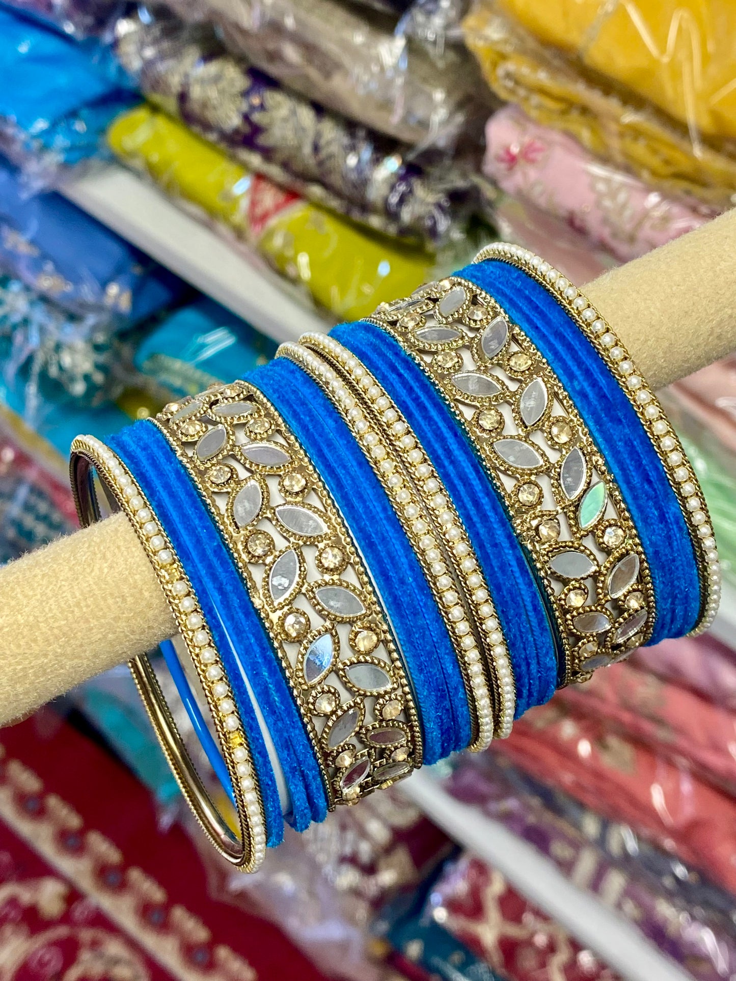 Blue Bangles set in mirror with pearls ( set of both hands )