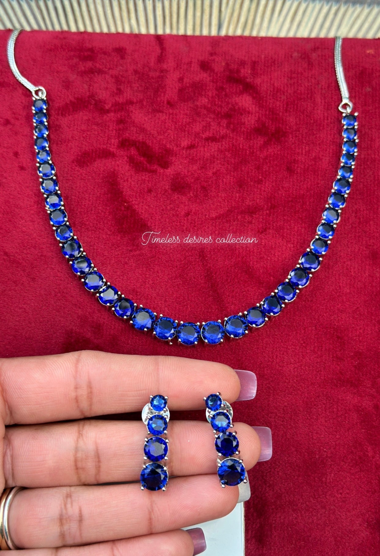 Blue American diamond necklace set in silver