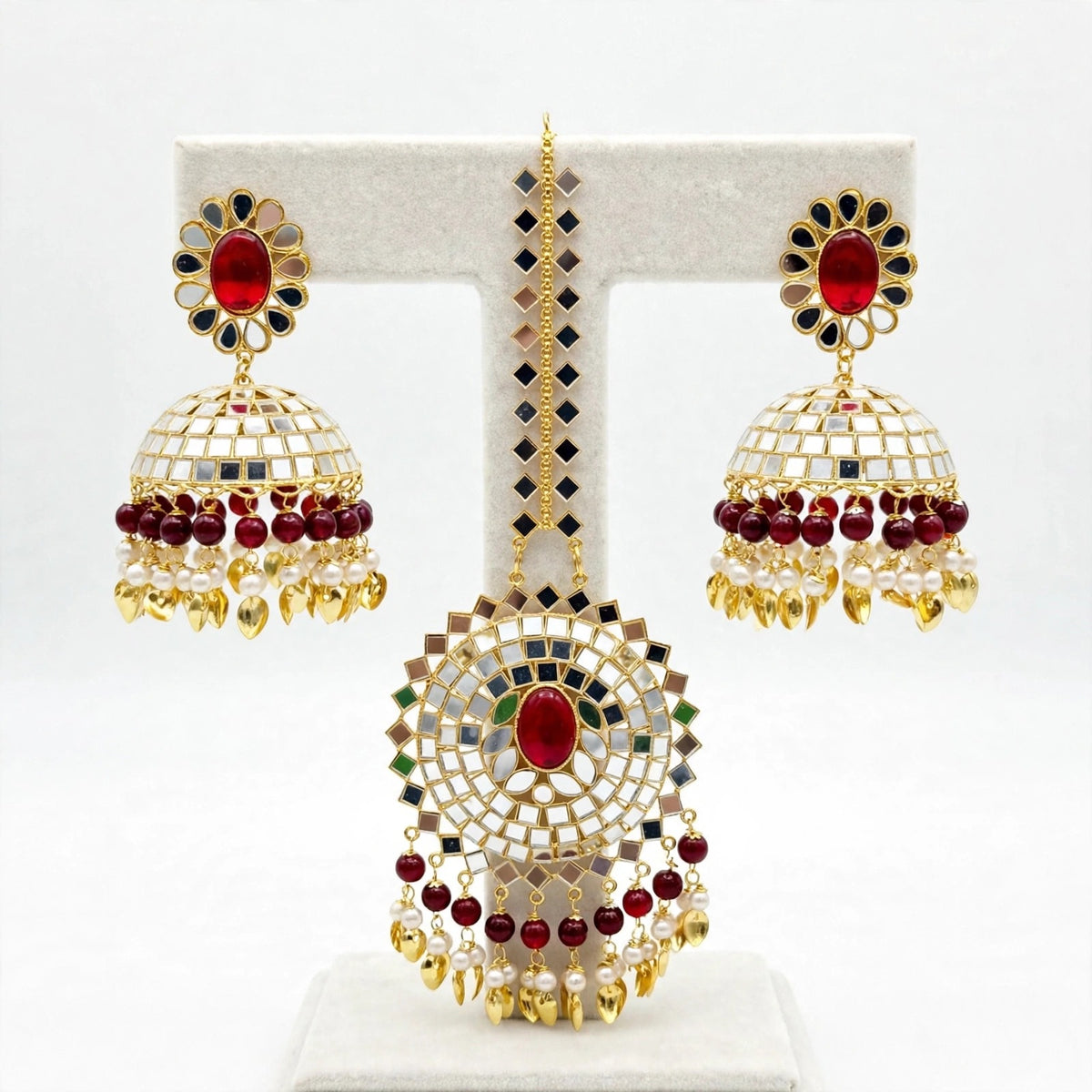 Maroon Jhumka Earrings and Tikka set in Mirror