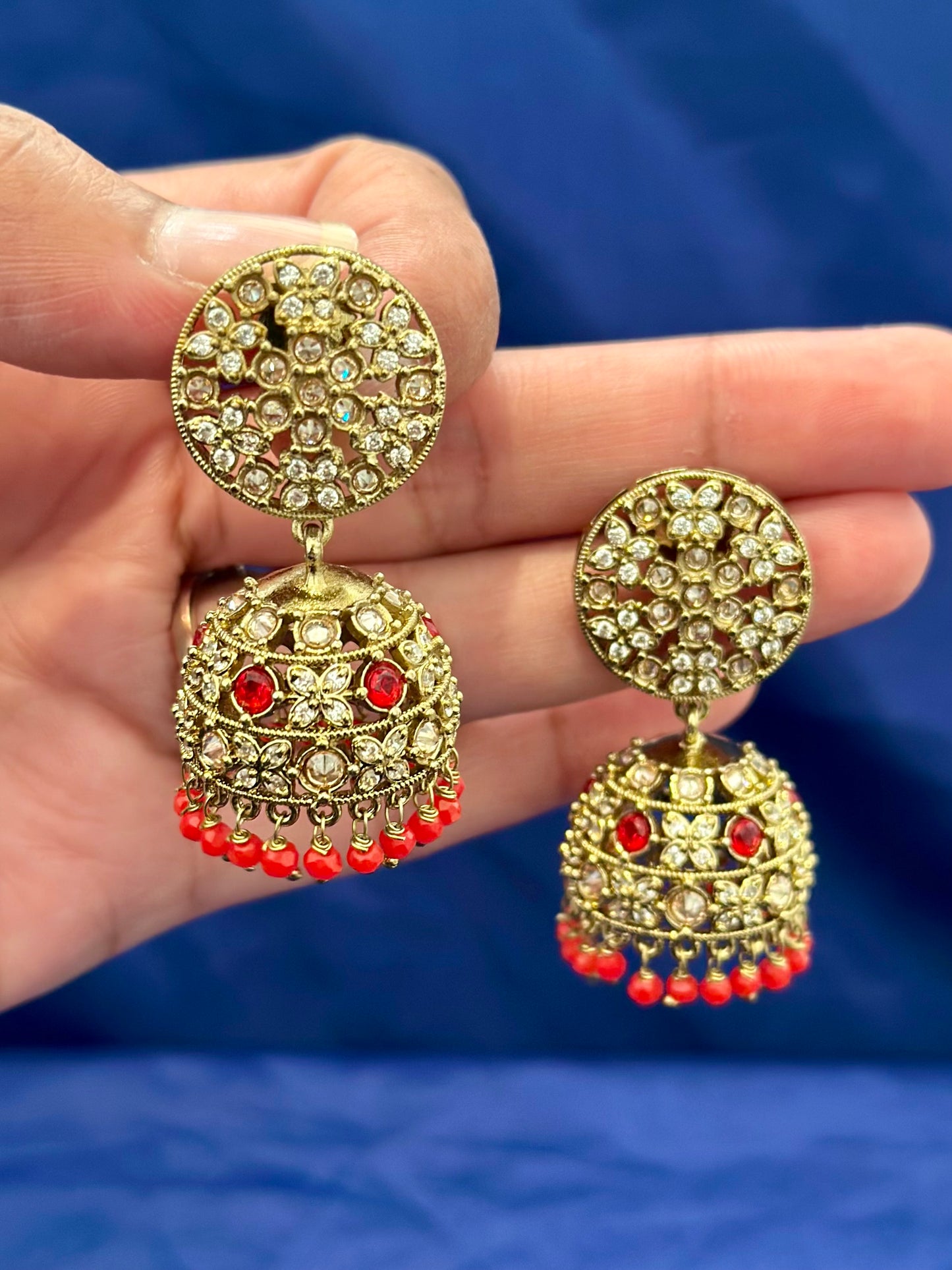 Jhumki Earrings in polki, Colour: Red, (Code:098)