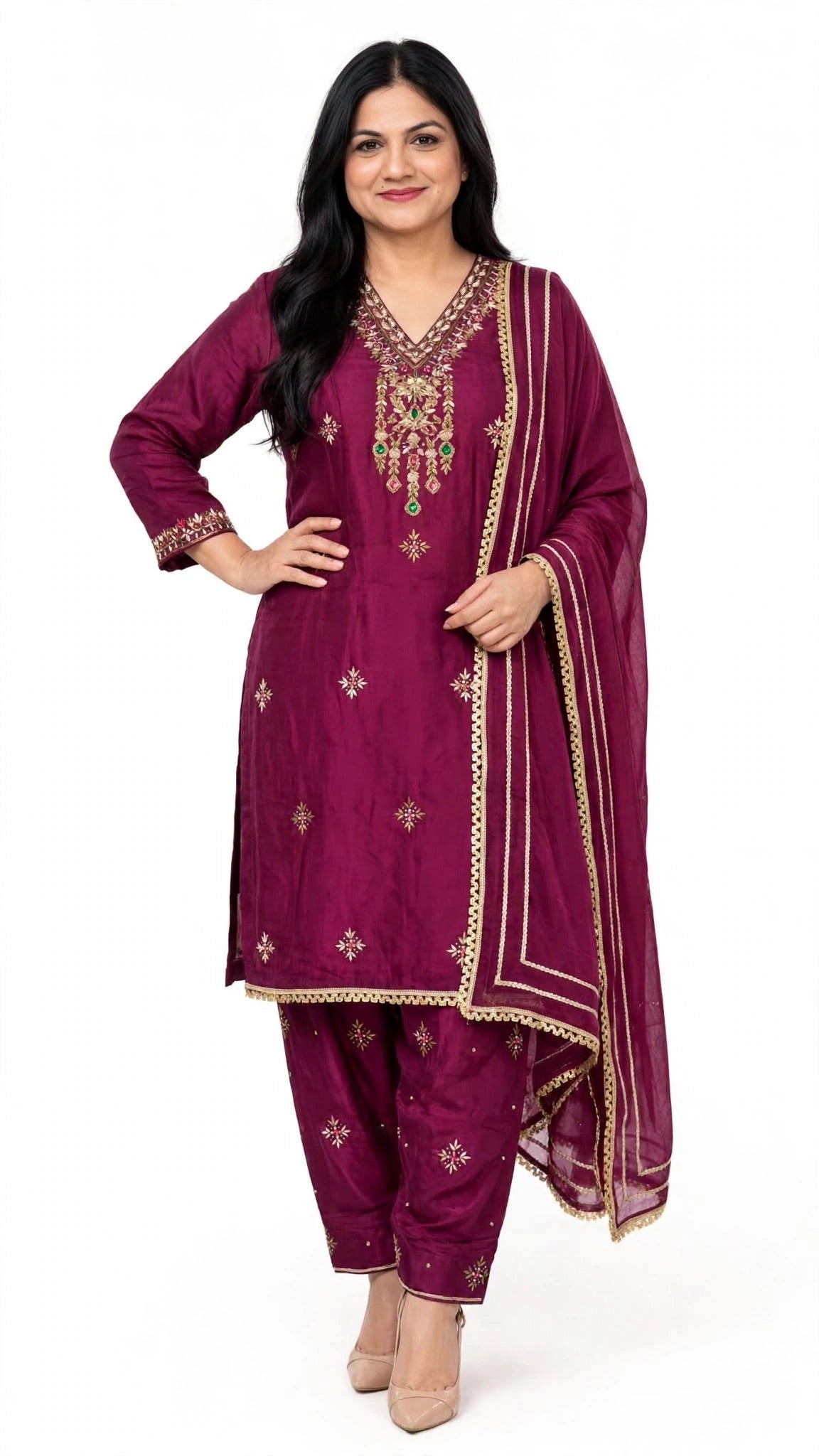 Plum Handwork suit on pure satin silk with handwork crape salwar paired up with satin silk soft duppatta - Code 069