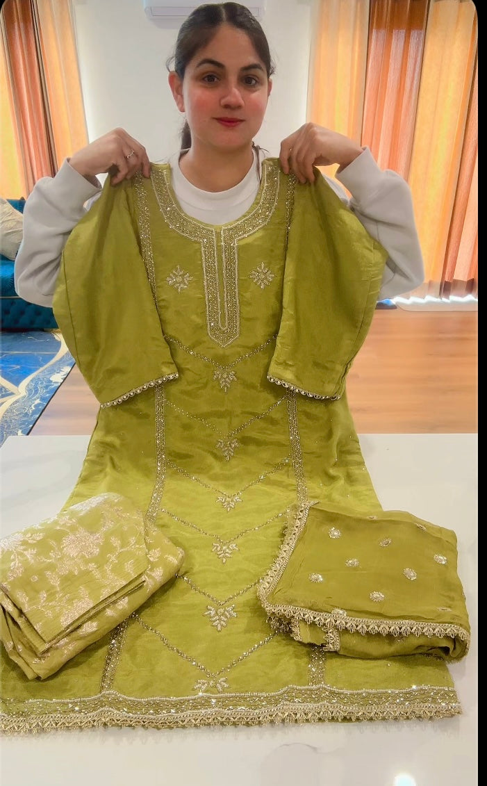 Mehndi colour salwar suit on shimmer silk with Banarsi- ( Code: 667 )