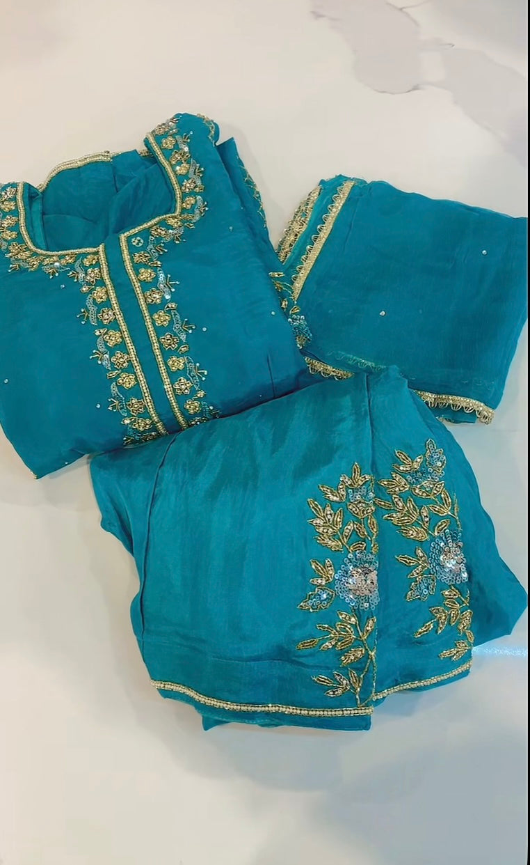 Sky blue suit with Handwork on natural crepe - ( Code: 715 )
