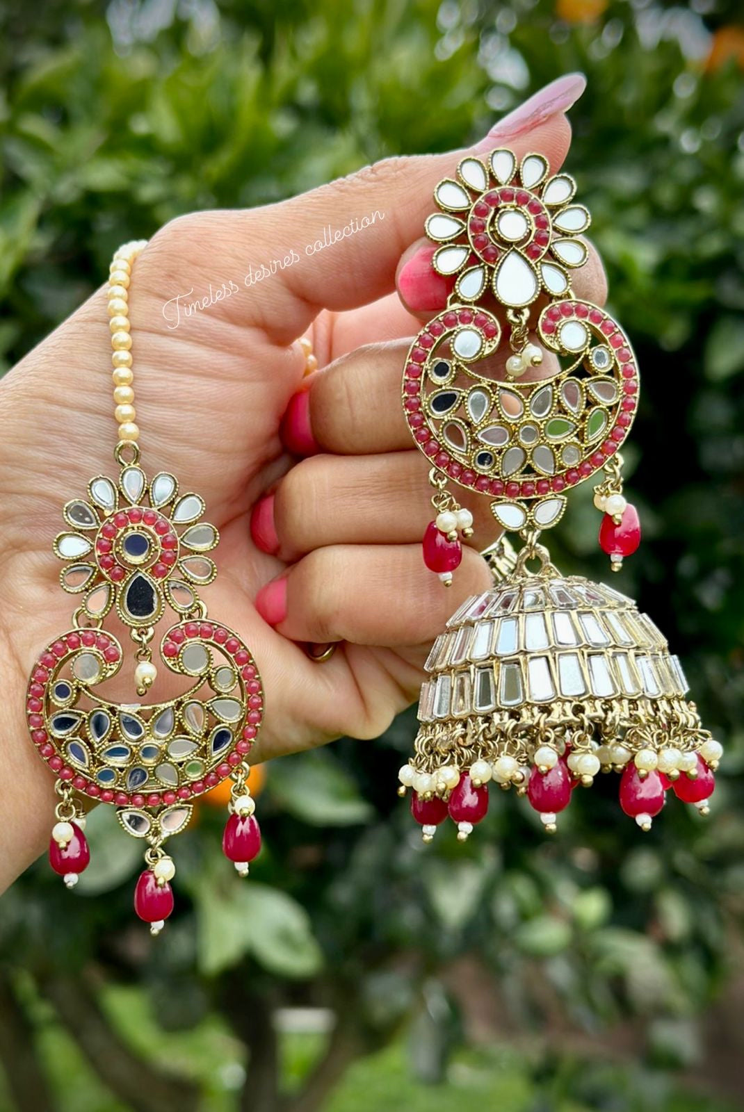 Maroon Long Jhumka earrings With Tikka in Mirror