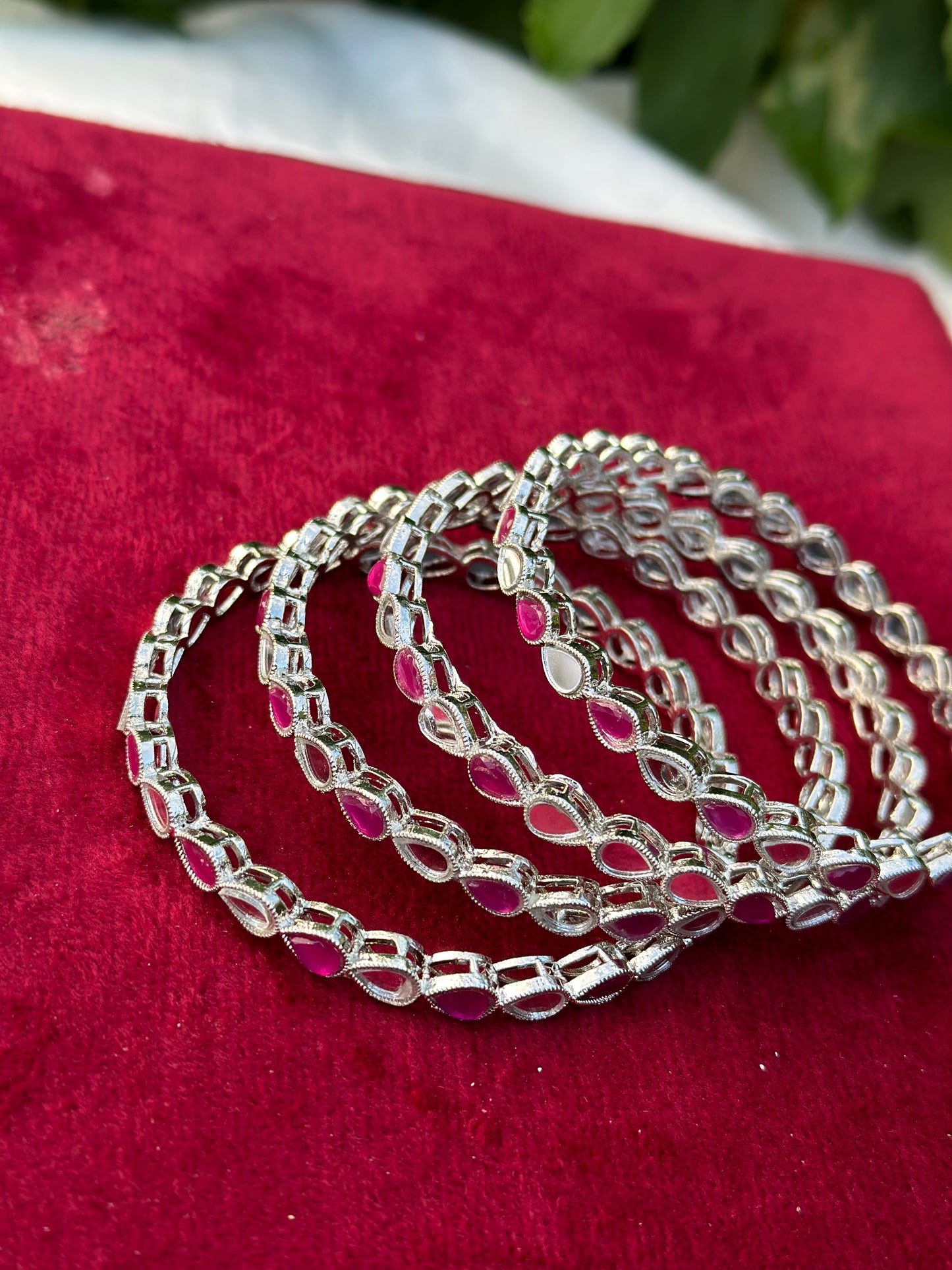Hot pink mirror Kangan / bangles in silver ( set of 4 )