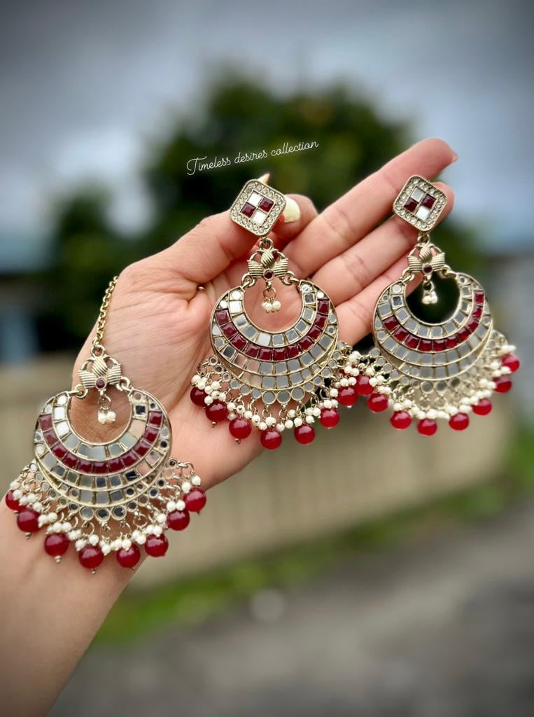 Maroon Earrings & Tikka set in Mirror