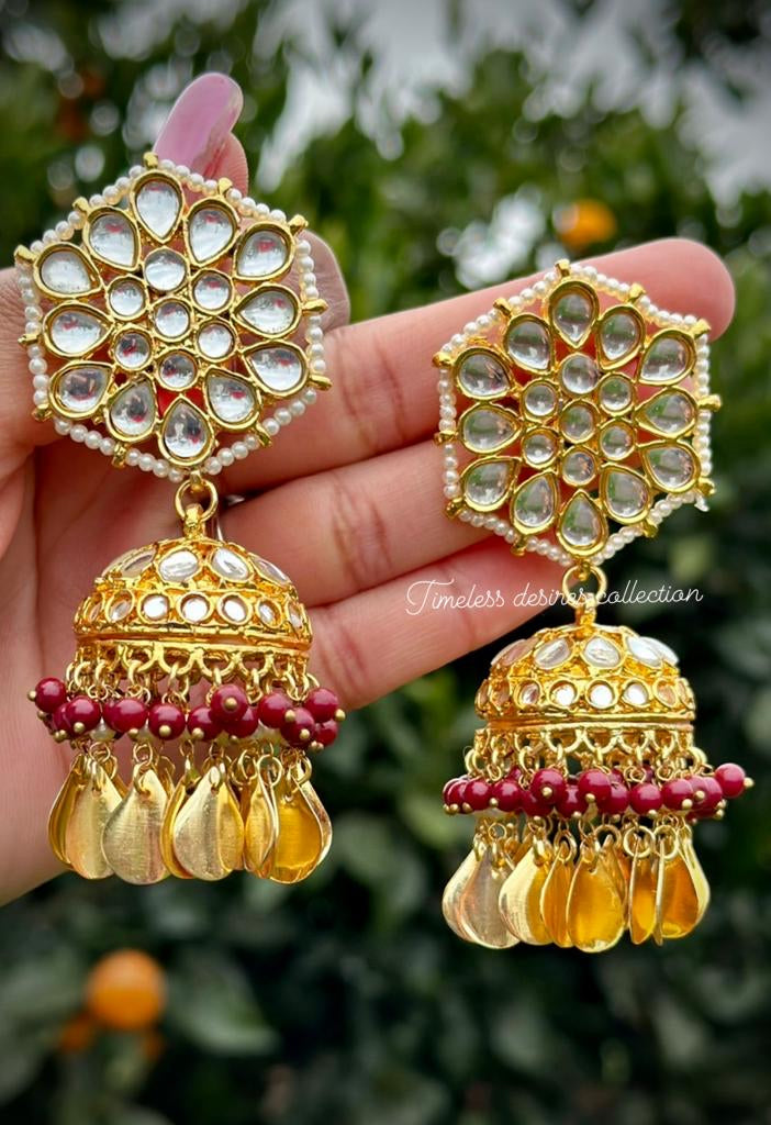 Maroon Jhumka earrings in Kundan with Pipal Patti