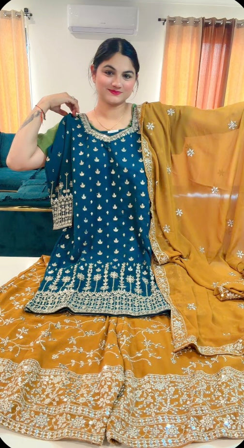 Party Wear Heavy Sharara suit on Georgette - Colour ( Teal Blue + Mustard )