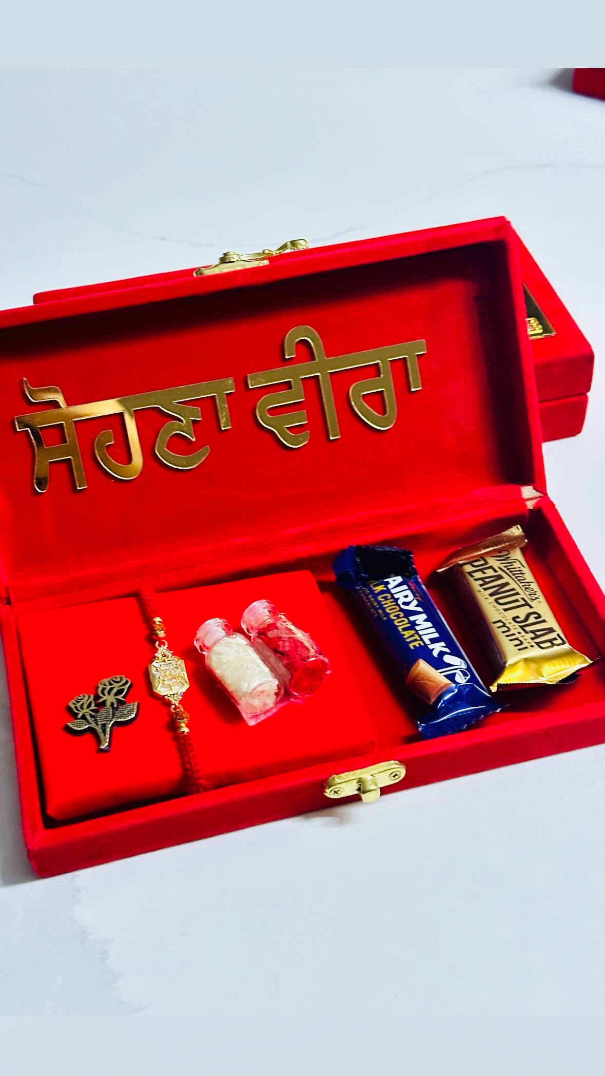Rakhi / Rakhdi Gift Hamper Box with American Diamond Rakhdi - ( All in one with Assorted designs )