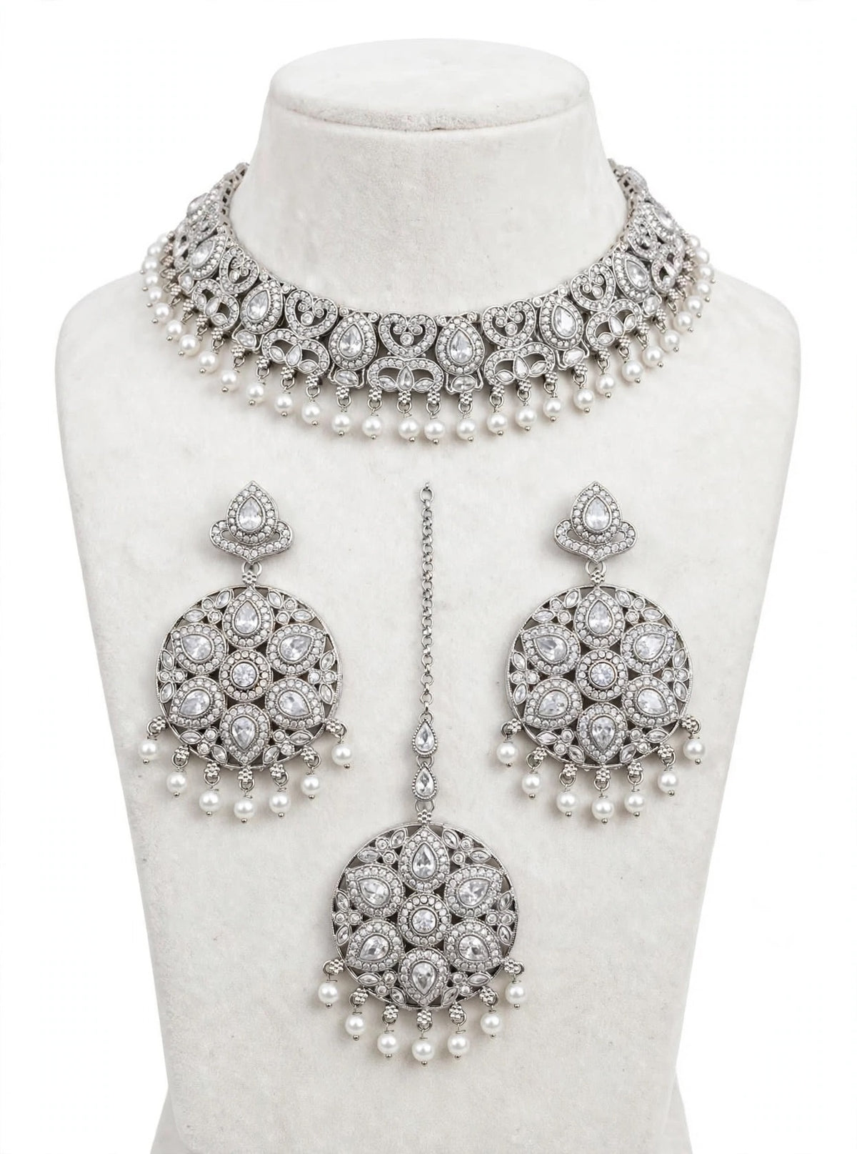 Silver necklace set with earrings and tikka- J25