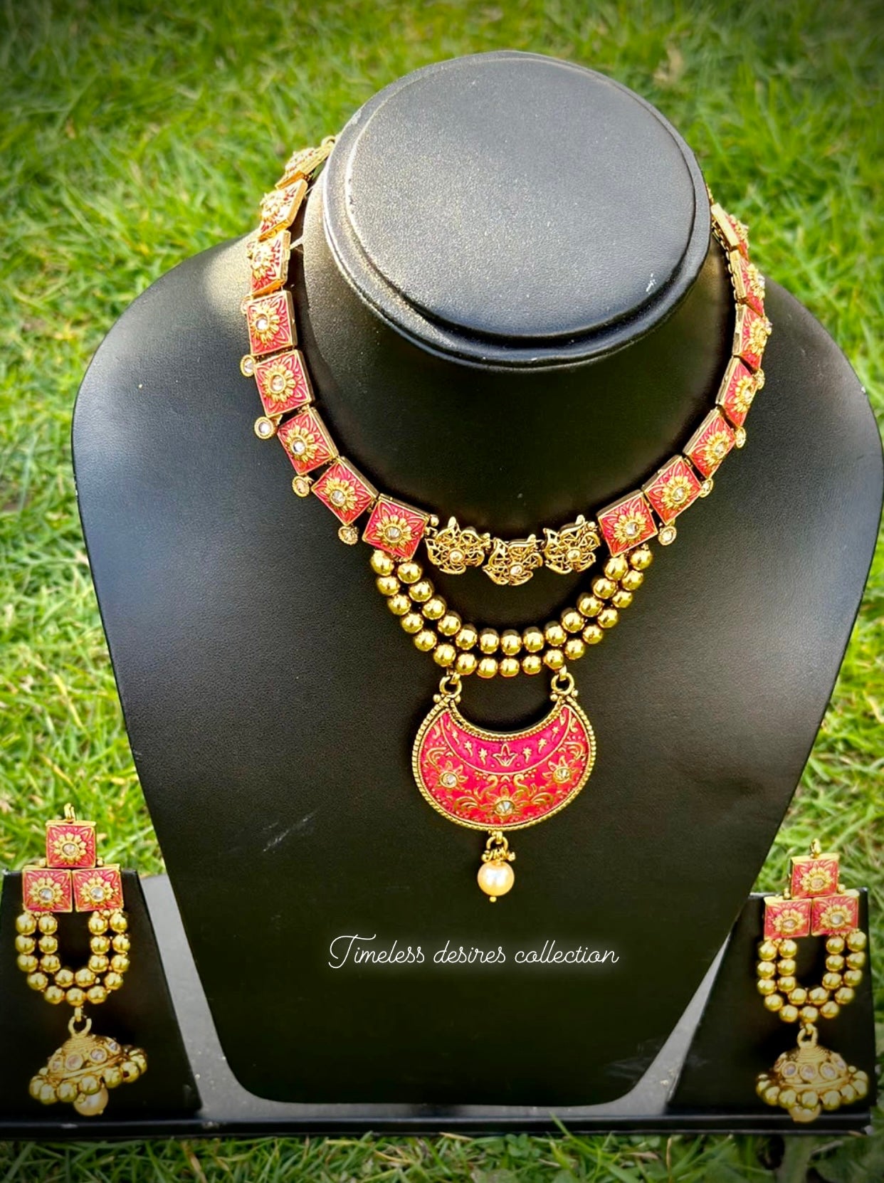 Red Gold plated necklace set in Meenakari with Bell sound earrings in Antique look