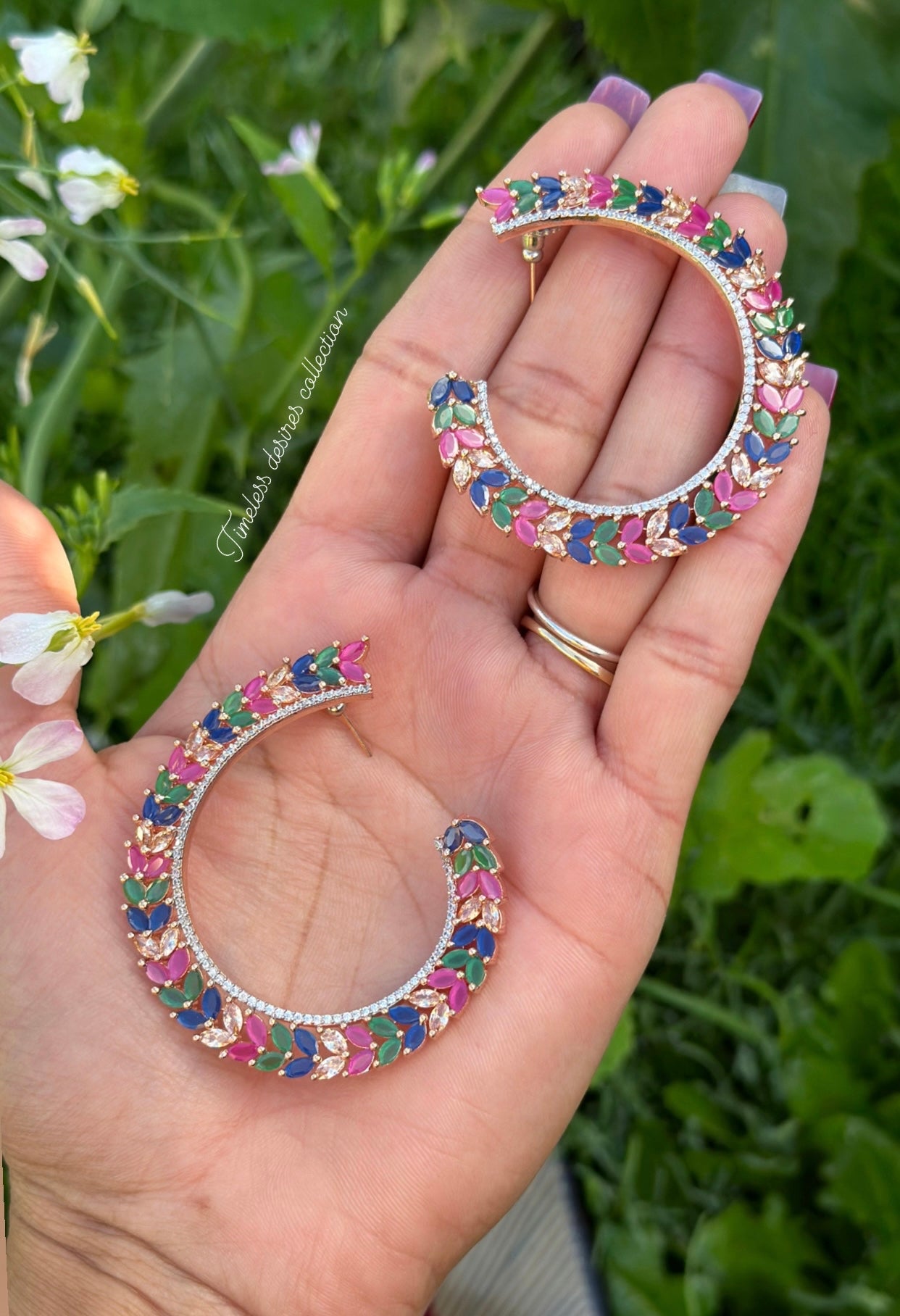 Multi colour American diamond earrings hoops ( waliya )