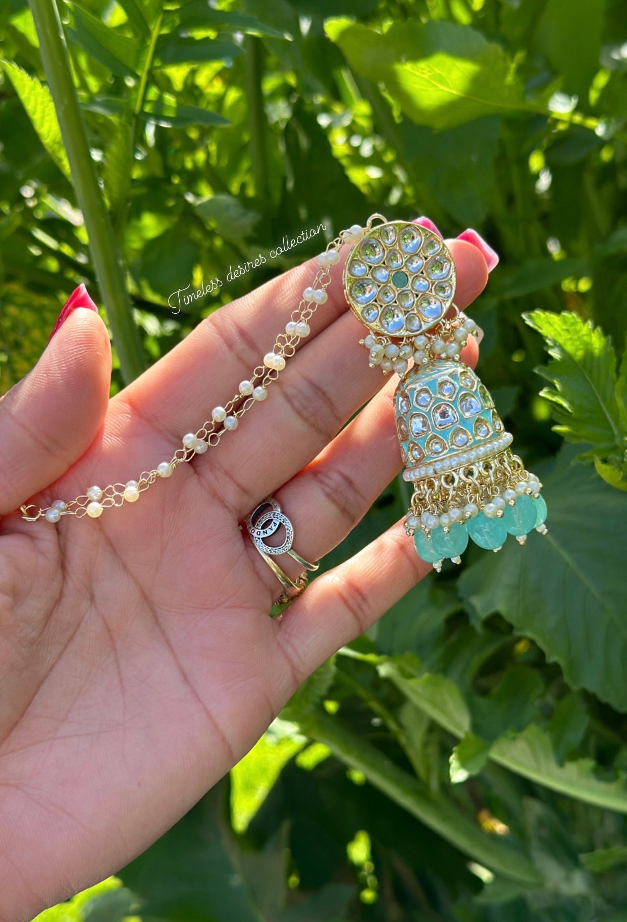 Sky blue or light blue choker / necklace set in meenakari kundan ( Sharara chains attached with jhumka )