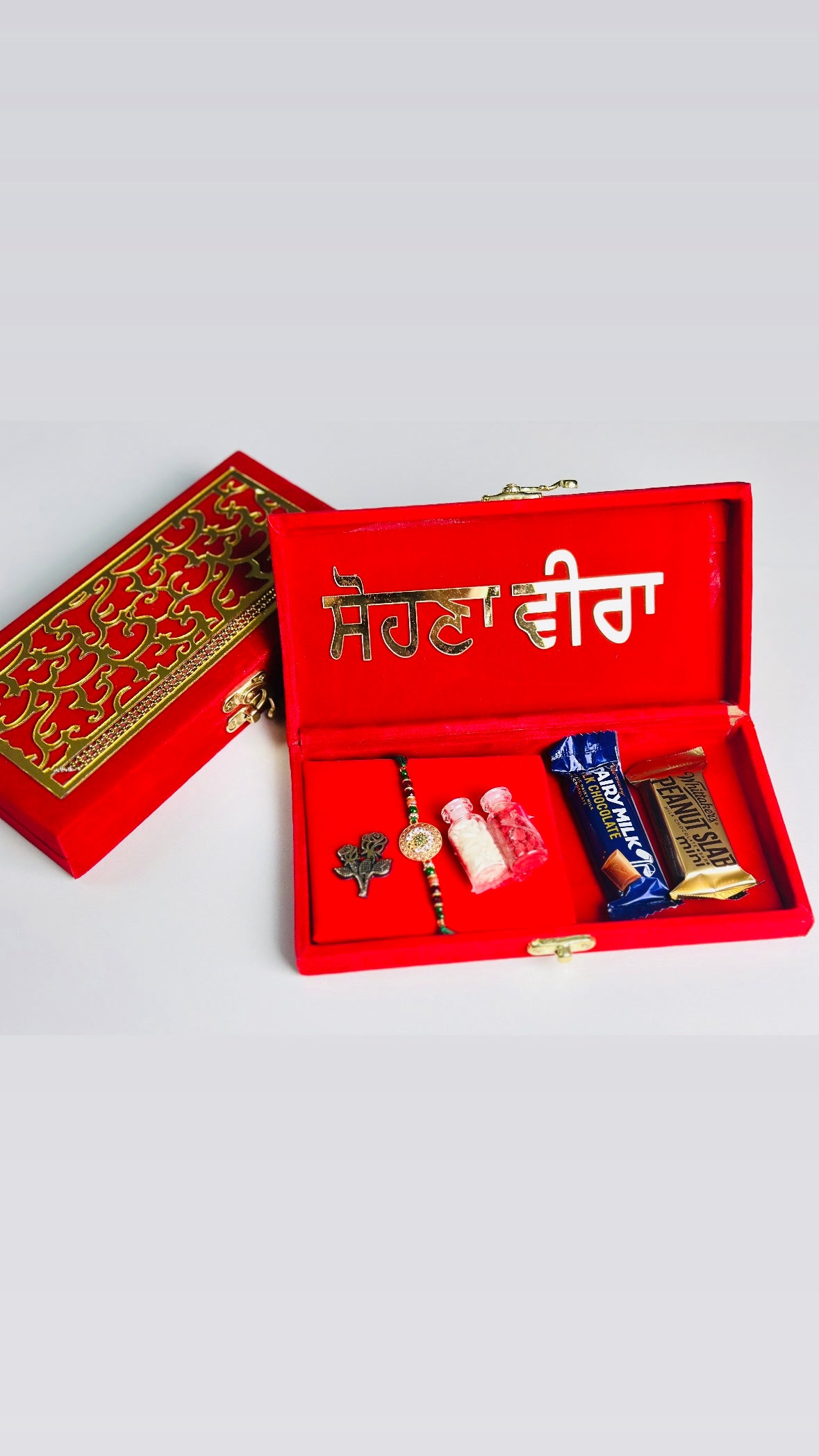 Rakhi / Rakhdi gift Hamper box with Meenakari Rakhdi (assorted designs)