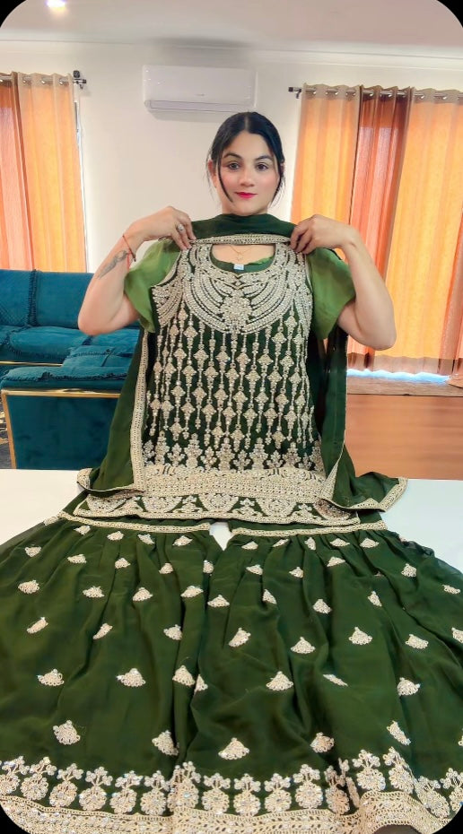 Party Wear Heavy Garara suit on Georgette ( Colour: Bottle Green )
