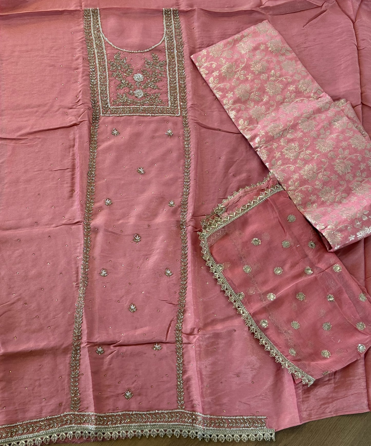 Unstitched handwork Suit - shirt: shimmer silk , bottom : Banarsi , Duppata : chiffon ( Colour- Carrot )