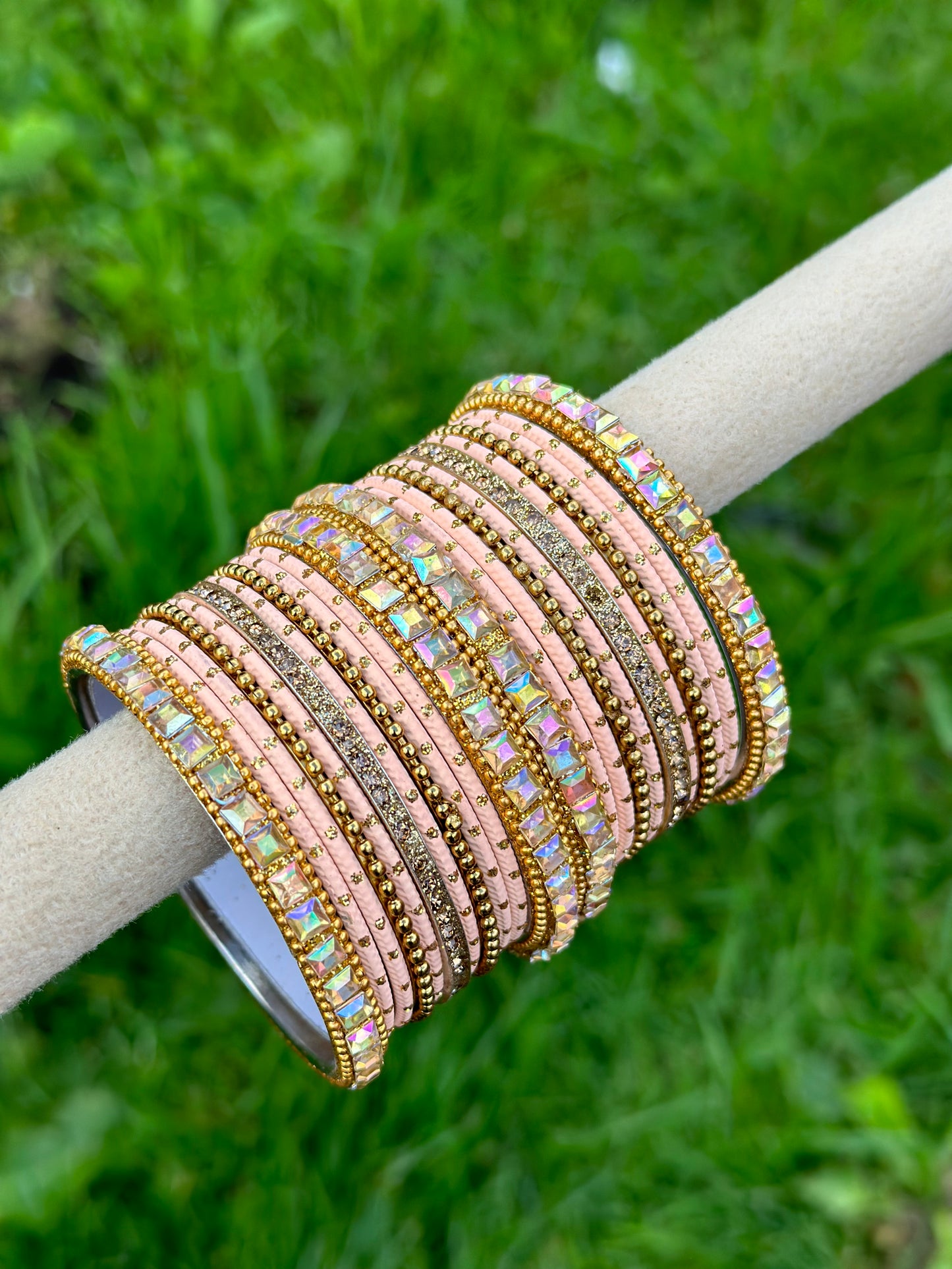 Peach colour bangles with shiny golden kangan’s ( set of both hands )