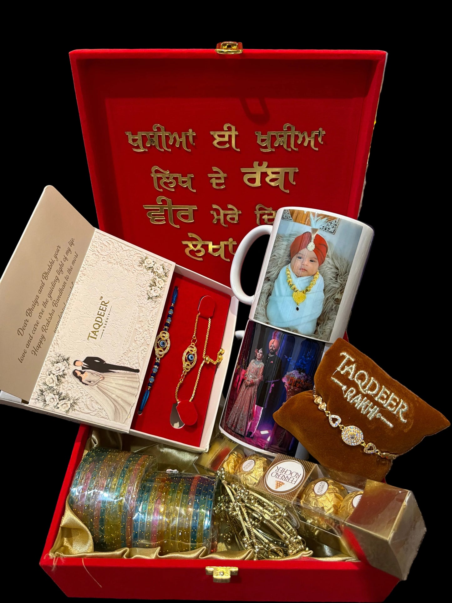 INDIA TO INDIA ONLY—— Premium Family Box - you can place order here and send us the photos for mug , included 2 mugs , couple AD combo , Premium rakhi bracelet unisex , Kashmiri bangles , chocolates - assorted designs