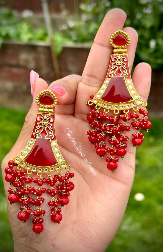 Maroon Meenakari Earrings with Monalisa stone in Gold Plating