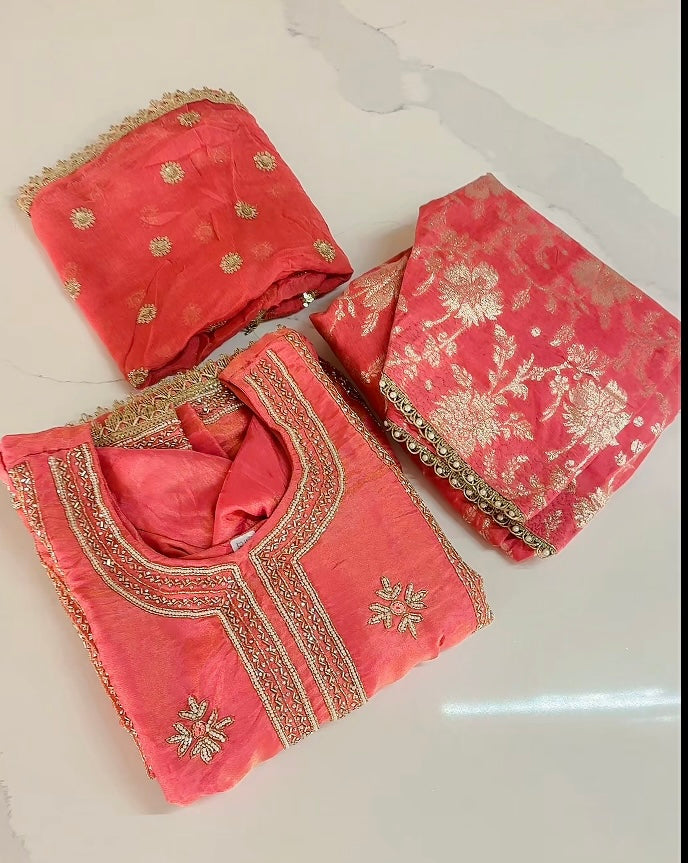 Taking Preorders only, 3-4 weeks time. Gajri salwar suit on shimmer silk with Banarsi- ( Code: 666 )