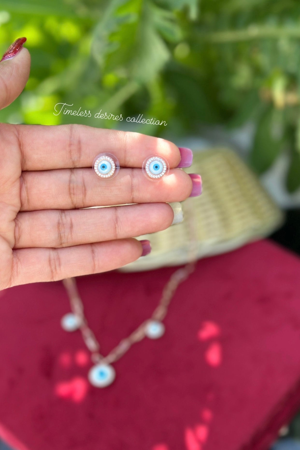 Evil eye necklace set with studs in American diamond high quality rose gold colour