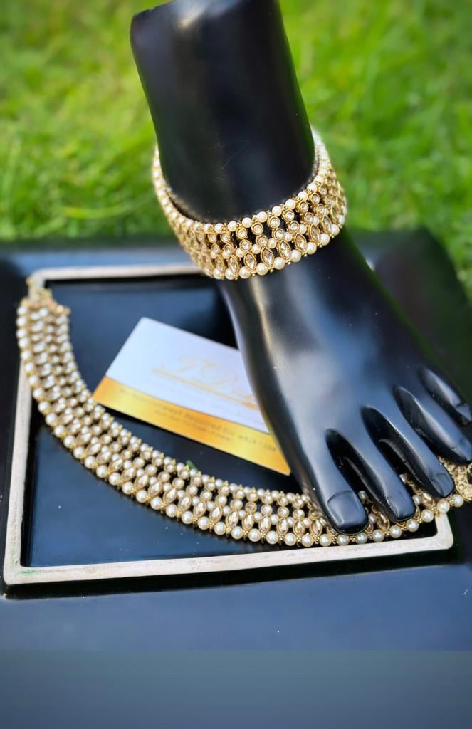 Triple stone golden Polki anklets / jhanjra (TD-21)