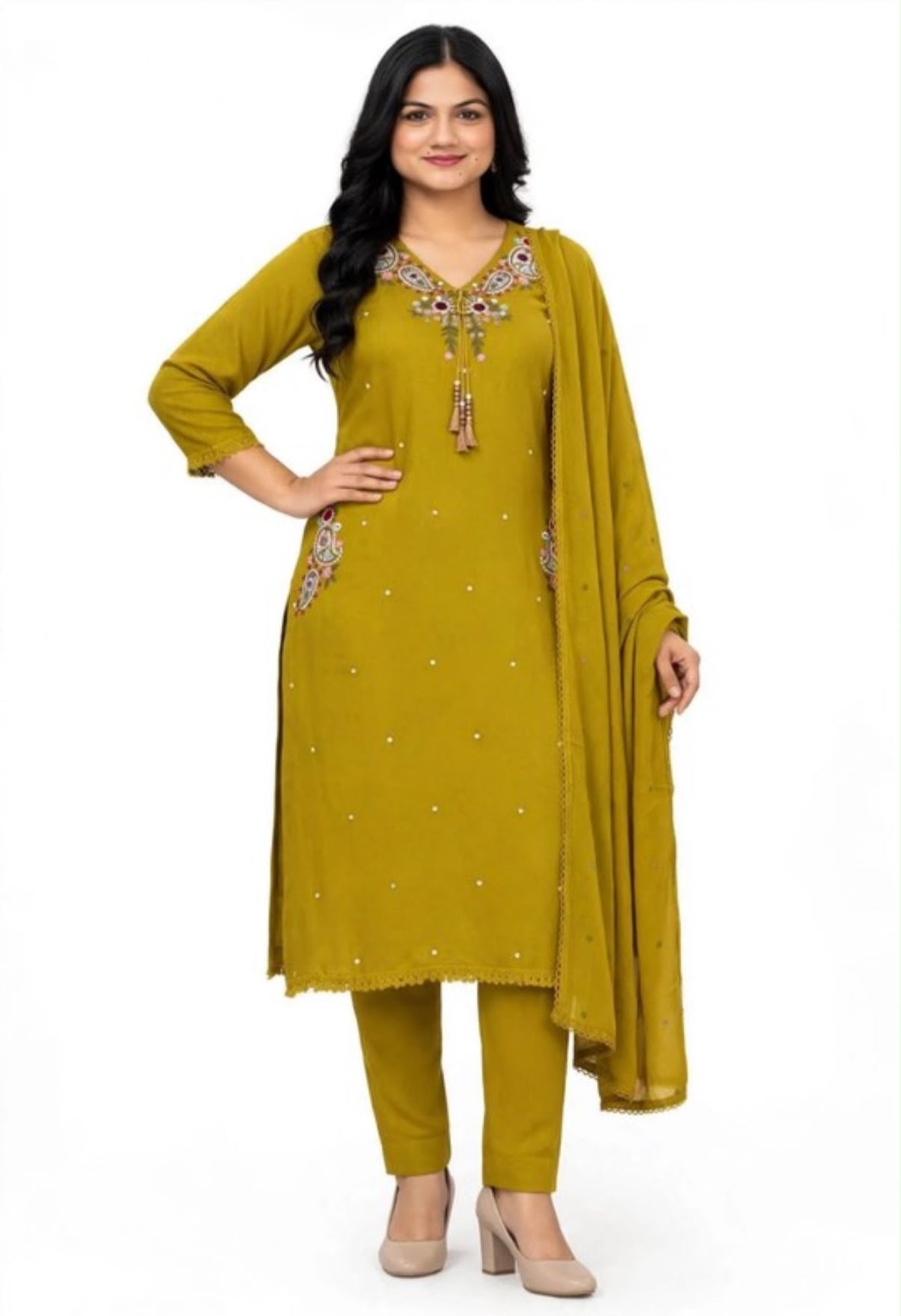 A Line Pakistani style suit in Muslin with handwork, Code: R35
