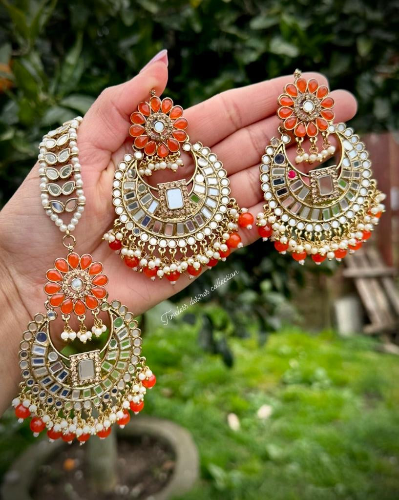 Orange Earrings and Tikka set in mirror