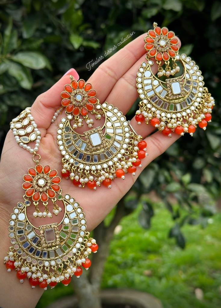 Orange Earrings and Tikka set in mirror