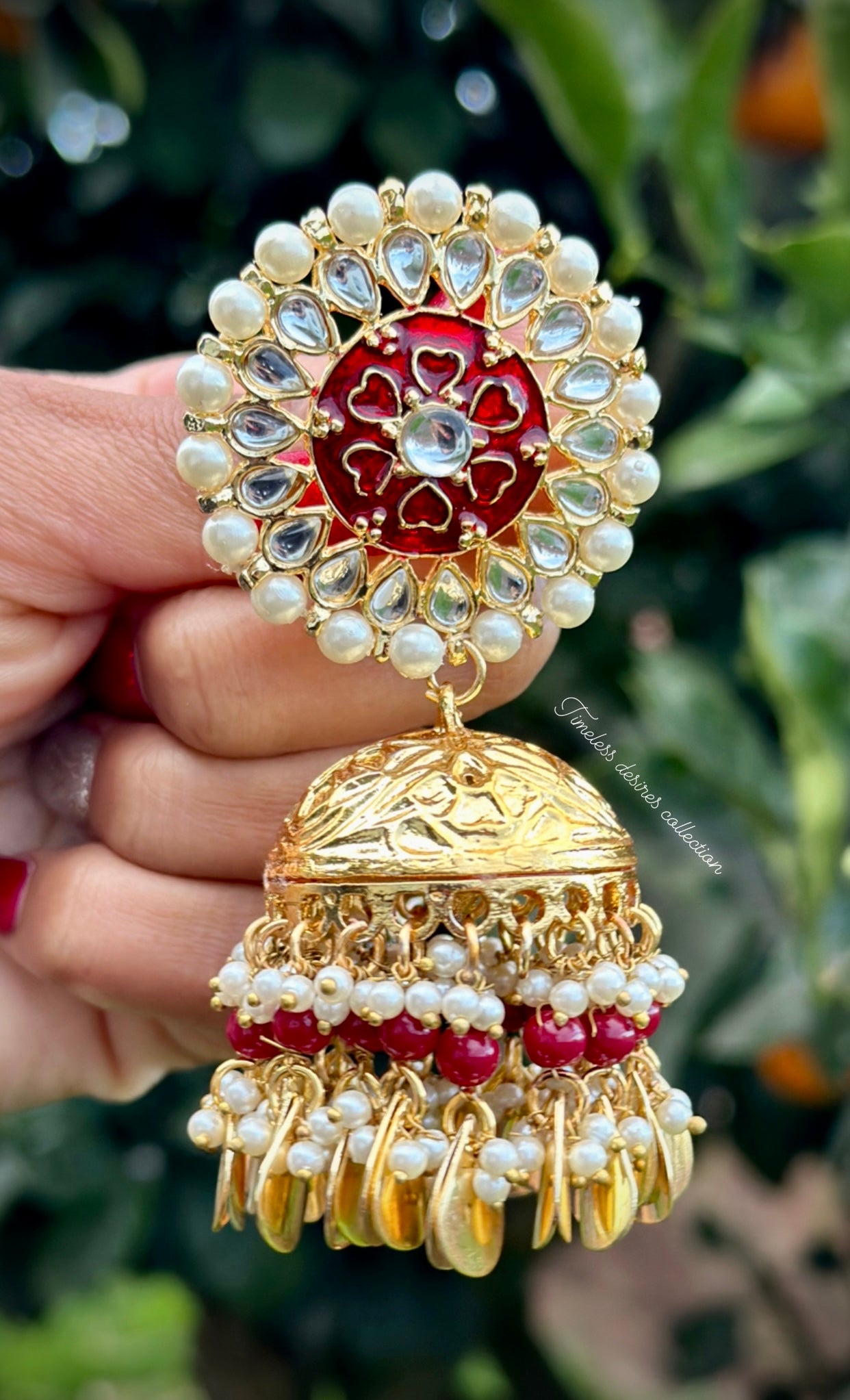 Maroon colour jhumka earrings and tikka set with pipal Patti in traditional jewellery ( Nimrat style 👌)
