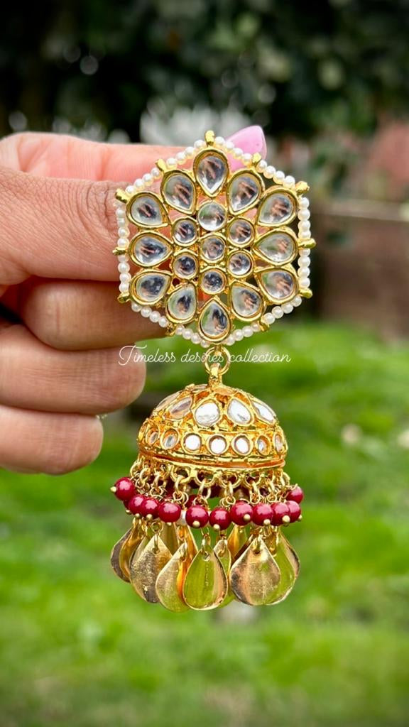 Maroon Jhumka earrings in Kundan with Pipal Patti