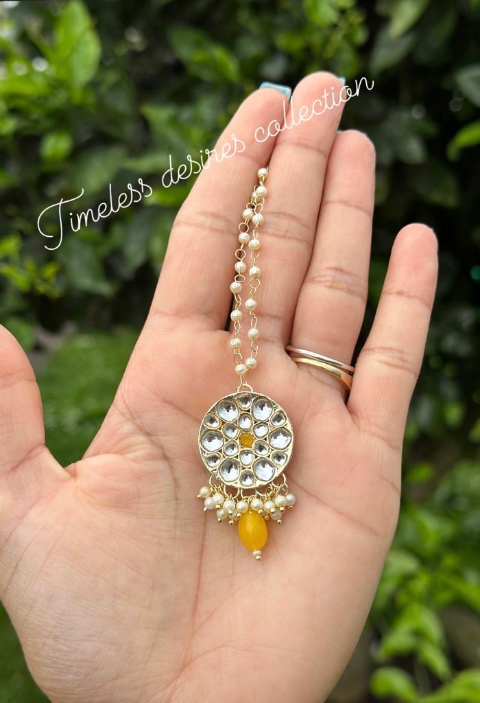Yellow necklace set with earrings and tikka set