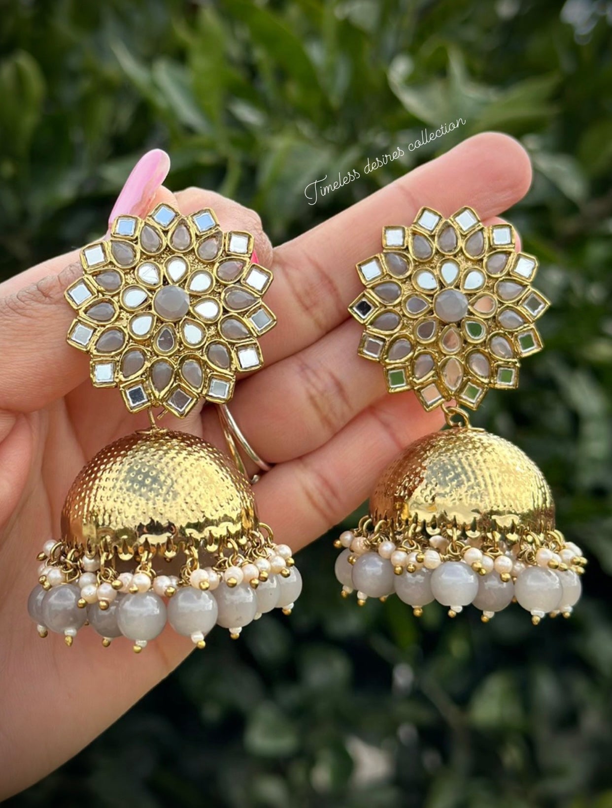 Grey Jhumka Earrings in mirror with copper base ( High quality )