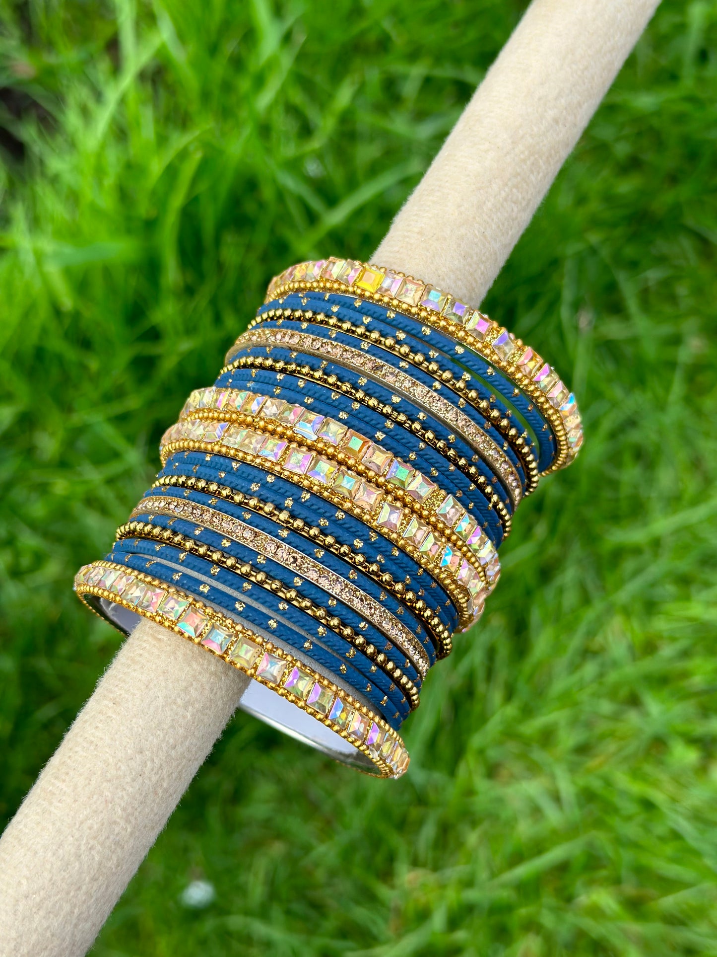 Blue colour bangles with shiny golden kangan’s ( set of both hands )