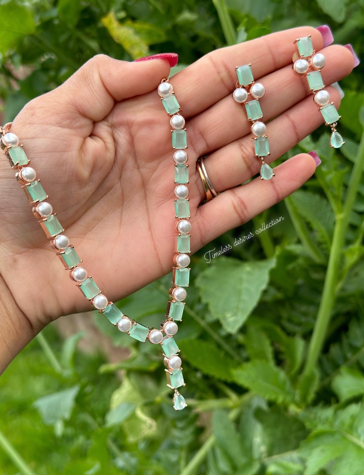 Mint green American diamond necklace set ( rose gold polish )